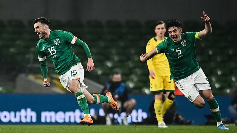 29 March 2022; Troy Parrott of Republic of Ireland, left, celebrates after scoring his side's winning goal during the international friendly match between Republic of Ireland and Lithuania at the Aviva Stadium in Dublin. Photo by Sam Barnes/Sportsfile