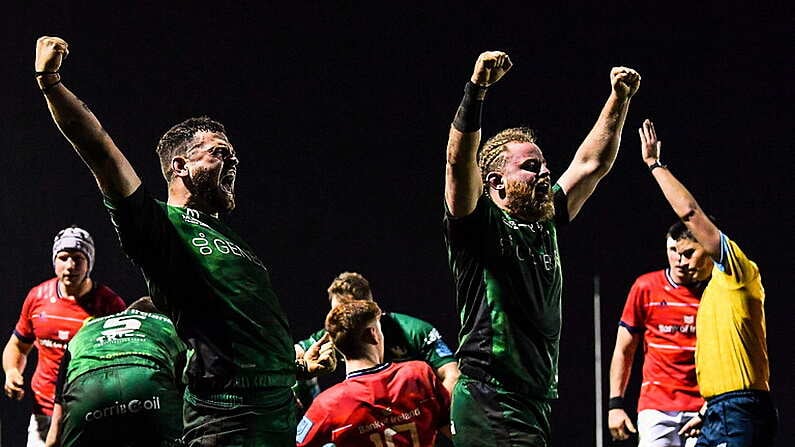 1 January 2022; Connacht players Conor Oliver, left, and Finlay Bealham celebrate after team-mate Bundee Aki scores his side's first try during the United Rugby Championship match between Connacht and Munster at The Sportsground in Galway. Photo by Eoin Noonan/Sportsfile