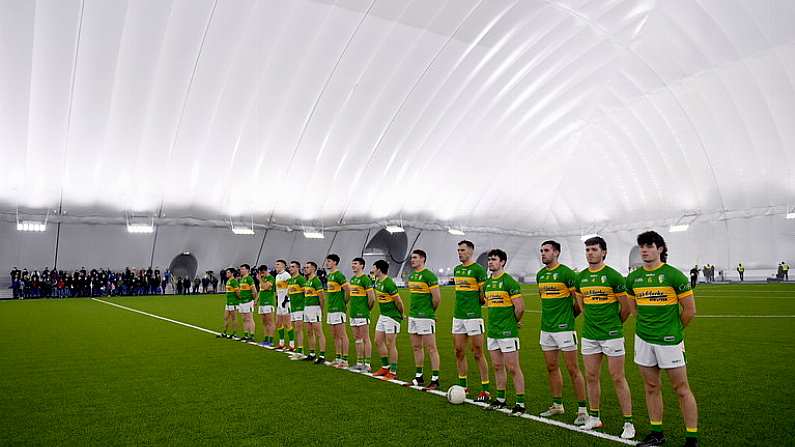 3 January 2022; The Leitrim team before the Connacht FBD League Preliminary Round match between Leitrim and Sligo at the NUI Galway Connacht GAA Air Dome in Bekan, Mayo. Photo by Ramsey Cardy/Sportsfile