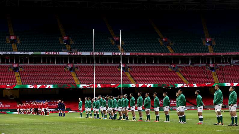 7 February 2021; The Ireland and Wales teams stand for the national anthems prior to the Guinness Six Nations Rugby Championship match between Wales and Ireland at the Principality Stadium in Cardiff, Wales. Photo by Gareth Everett/Sportsfile