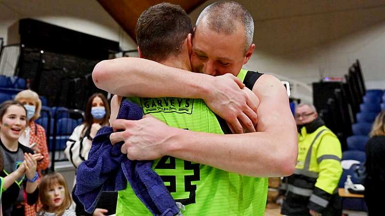 22 January 2022; Fergal O'Sullivan and Kieran Donaghy of Garvey's Tralee Warriors celebrate after the InsureMyHouse.ie Pat Duffy Mens National Cup Final match between C&S Neptune, Cork, and Garvey's Warriors Tralee, Kerry, at National Basketball Arena in Tallaght, Dublin. Photo by Brendan Moran/Sportsfile