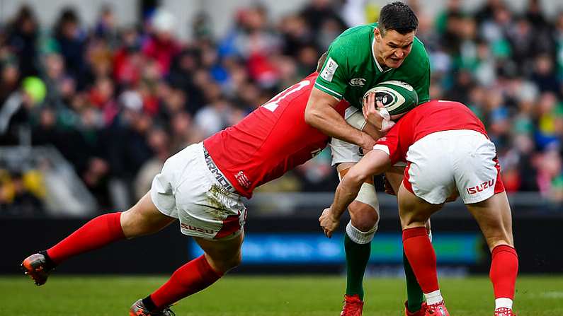 8 February 2020; Jonathan Sexton of Ireland is tackled by Hadleigh Parkes, left, and Tomos Williams of Wales during the Guinness Six Nations Rugby Championship match between Ireland and Wales at Aviva Stadium in Dublin. Photo by David Fitzgerald/Sportsfile