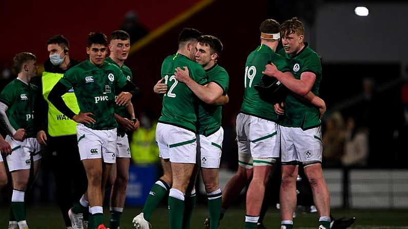 4 February 2022; Ireland players Ben Brownlee (12) and Shane Mallon celebrate after their side's victory in the U20 Six Nations Rugby Championship match between Ireland and Wales at Musgrave Park in Cork. Photo by Piaras O Midheach/Sportsfile