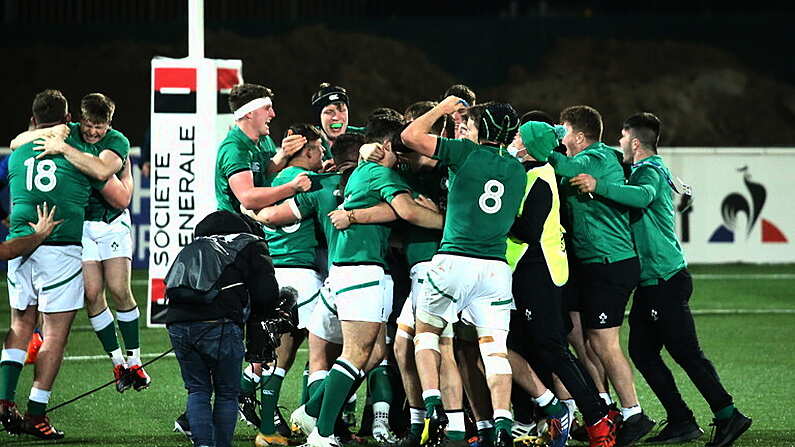 11 February 2022; Ireland players celebrate victory in the U20 Six Nations Rugby Championship match between France and Ireland at Stade Maurice David in Aix-en-Provence, France. Photo by Manuel Blondeau/Sportsfile