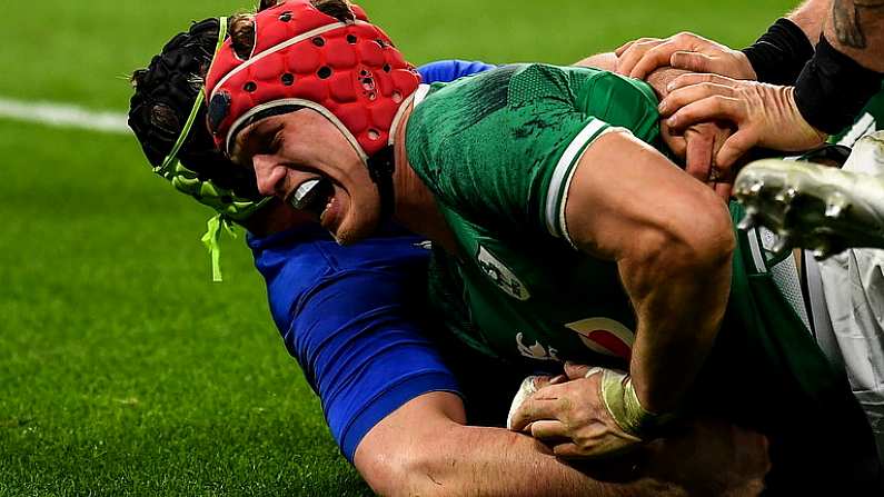 12 February 2022; Josh van der Flier of Ireland celebrates after scoring his side's second try during the Guinness Six Nations Rugby Championship match between France and Ireland at Stade de France in Paris, France. Photo by Brendan Moran/Sportsfile