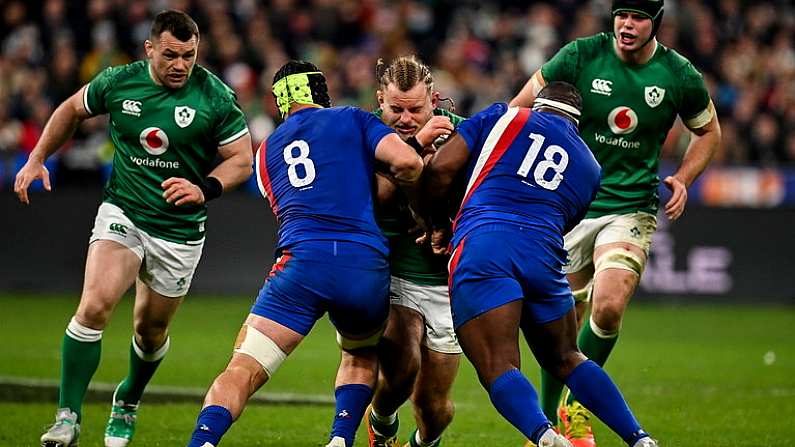 12 February 2022; Finlay Bealham of Ireland is tackled by Gregory Alldritt, left, and Demba Bamba of France during the Guinness Six Nations Rugby Championship match between France and Ireland at Stade de France in Paris, France. Photo by Seb Daly/Sportsfile