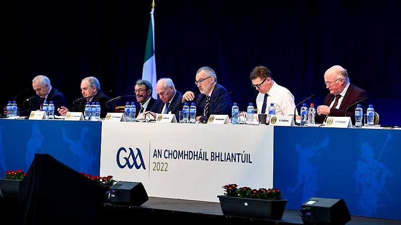 26 February 2022; Uachtaran Chumann Luthchleas Gael Larry McCarthy speakig during the GAA Congress at NUI Galway Connacht GAA Air Dome in Bekan, Mayo. Photo by Piaras O Midheach/Sportsfile