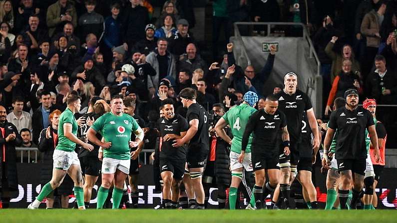 2 July 2022; Ireland players react as New Zealand players celebrate their side's first try during the Steinlager Series match between the New Zealand and Ireland at Eden Park in Auckland, New Zealand. Photo by Brendan Moran/Sportsfile