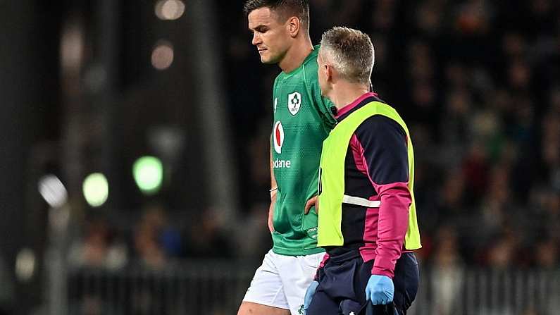 2 July 2022; Jonathan Sexton of Ireland leaves the field with an injury during the Steinlager Series match between the New Zealand and Ireland at Eden Park in Auckland, New Zealand. Photo by Brendan Moran/Sportsfile