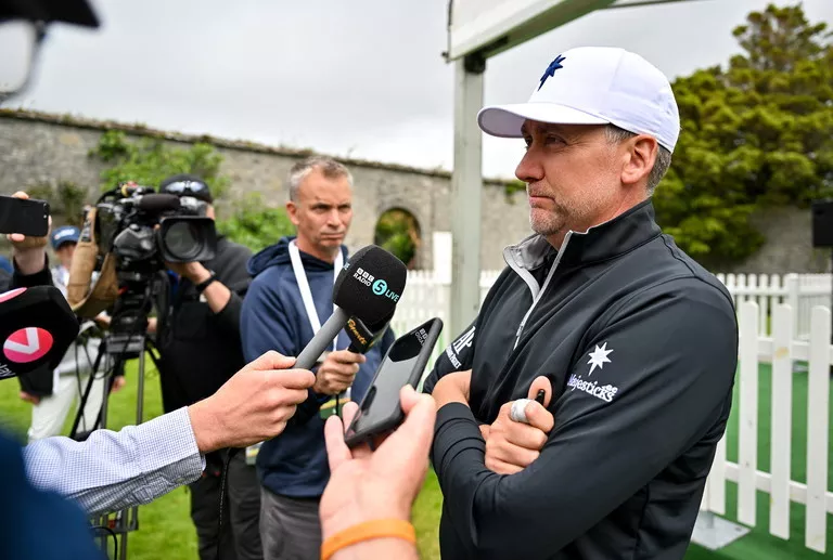 Ian Poulter of England speaks to media during day two of the JP McManus Pro-Am at Adare Manor Golf Club