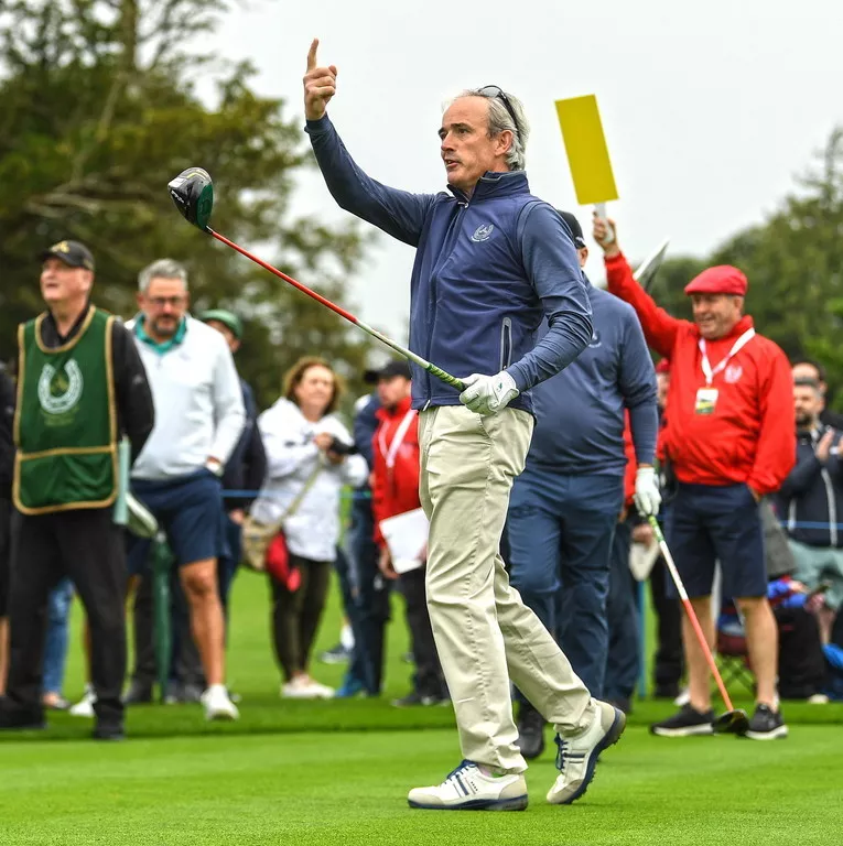 Fromer jockey Ruby Walsh celebrates his drive on the first tee box during day two of the JP McManus Pro-Am at Adare Manor Golf Club
