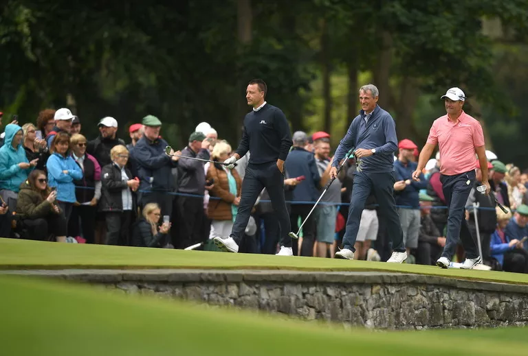 Padraig Harrington of Ireland with former footballers John Terry, left, and Alan Hansen during day two of the JP McManus Pro-Am at Adare Manor Golf Club