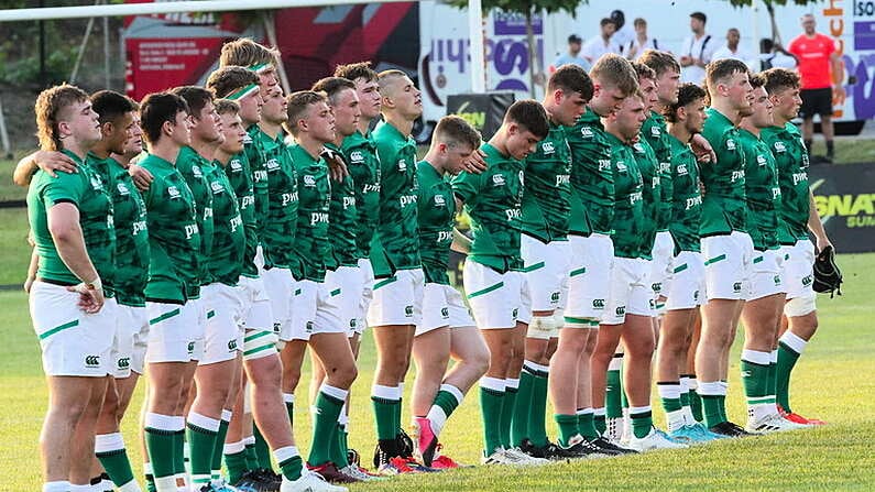 29 June 2022; Ireland players stand for the national anthem before the Six Nations U20 summer series match between Ireland and South Africa at Payanini Centre in Verona, Italy. Photo by Roberto Bregani/Sportsfile