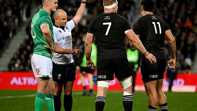 9 July 2022; Leicester Fainga'anuku of New Zealand is shown a yellow card by referee Jaco Peyper during the Steinlager Series match between New Zealand and Ireland at the Forsyth Barr Stadium in Dunedin, New Zealand. Photo by Brendan Moran/Sportsfile