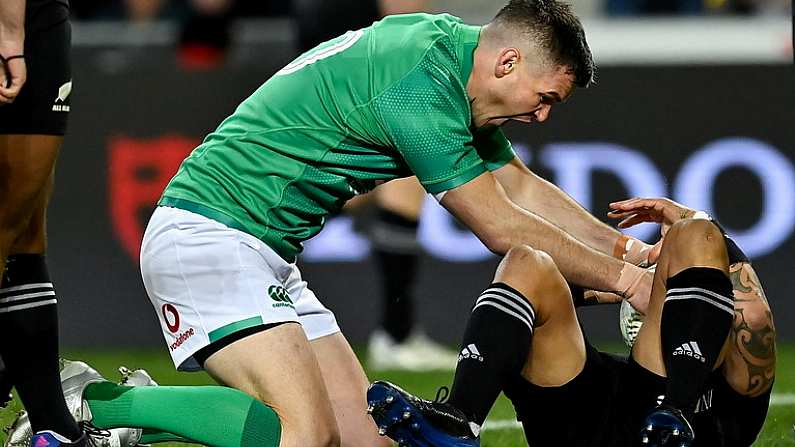 9 July 2022; Jonathan Sexton of Ireland celebrates his side's first try, scored by Andrew Porter, during the Steinlager Series match between New Zealand and Ireland at the Forsyth Barr Stadium in Dunedin, New Zealand. Photo by Brendan Moran/Sportsfile