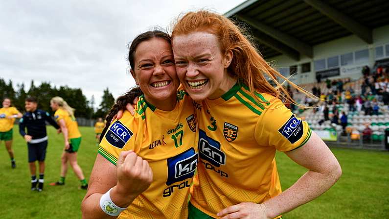 9 July 2022; Donegal players Shauna McFadden, left, and teammate Evelyn McGinley after the TG4 All-Ireland Ladies Football Senior Championship Quarter-Final between Donegal and Dublin at Pairc Sean Mac Diarmada in Carrick-on-Shannon, Leitrim. Photo by Eoin Noonan/Sportsfile