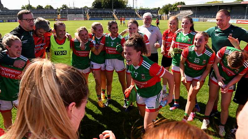 9 July 2022; Mayo captain Kathryn Sullivan, centre, celebrates with her teammates after the TG4 All-Ireland Ladies Football Senior Championship Quarter-Final match between Cork and Mayo at Cusack Park in Ennis, Clare. Photo by Matt Browne/Sportsfile