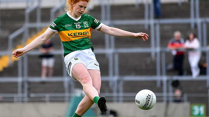 9 July 2022; Louise Ni Mhuircheartaigh of Kerry scores her side's fourth goal, a penalty, during the TG4 All-Ireland Ladies Football Senior Championship Quarter-Final match between Armagh and Kerry at O'Connor Park in Tullamore, Offaly. Photo by Piaras O Midheach/Sportsfile