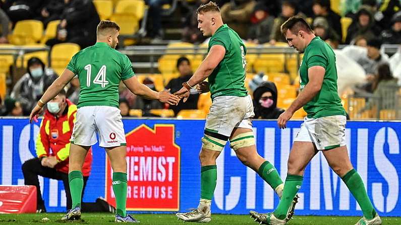 12 July 2022; Gavin Coombes of Ireland is congratulated by teammate Jordan Larmour, left, after scoring their side's third try during the match between the Maori All Blacks and Ireland at the Sky Stadium in Wellington, New Zealand. Photo by Brendan Moran/Sportsfile