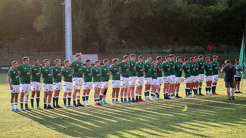 5 July 2022; Ireland players during the National Anthem before the Six Nations U20 summer series match between Ireland and England at Payanini Centre in Verona, Italy. Photo by Roberto Bregani/Sportsfile