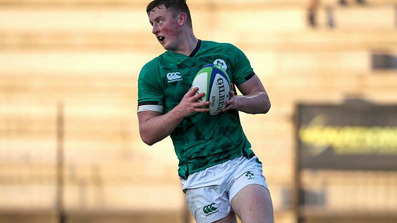 5 July 2022; Fionn Gibbons of Ireland scores try during the Six Nations U20 summer series match between Ireland and England at Payanini Centre in Verona, Italy. Photo by Roberto Bregani/Sportsfile