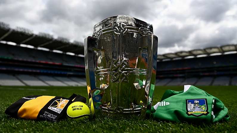 15 July 2022; The Liam MacCarthy Cup with a Limerick and Kilkenny jersey and a match day sliotar before the GAA Hurling All-Ireland Senior Championship Final at Croke Park in Dublin. Photo by David Fitzgerald/Sportsfile