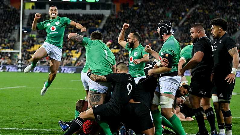 16 July 2022; Ireland players celebrate their side's first try scored by Josh van der Flier of Ireland during the Steinlager Series match between the New Zealand and Ireland at Sky Stadium in Wellington, New Zealand. Photo by Brendan Moran/Sportsfile