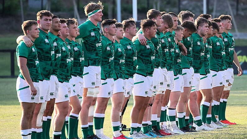 5 July 2022; Ireland players during the National Anthem before the Six Nations U20 summer series match between Ireland and England at Payanini Centre in Verona, Italy. Photo by Roberto Bregani/Sportsfile