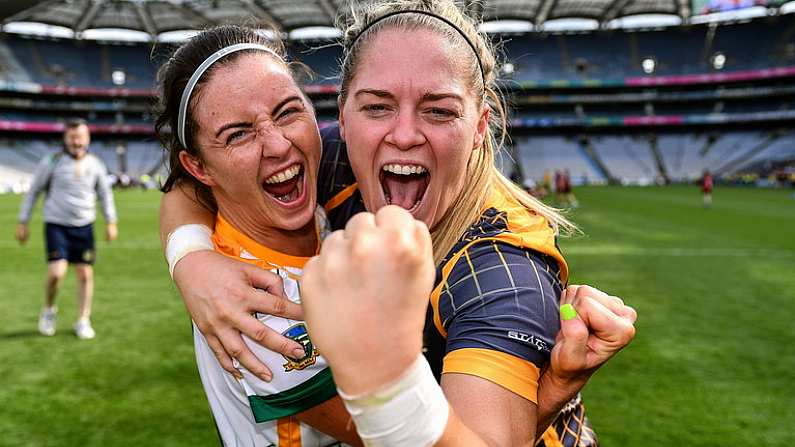 16 July 2022; Meath players Niamh O'Sullivan, left, and Monica McGuirk celebrate after their side's victory in the TG4 All-Ireland Ladies Football Senior Championship Semi-Final match between Donegal and Meath at Croke Park in Dublin. Photo by Piaras O Midheach/Sportsfile