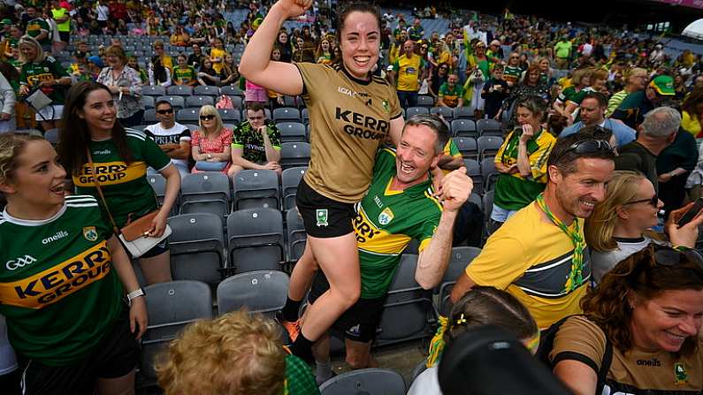 16 July 2022; Danielle O'Leary of Kerry and her father Dan celebrate after the TG4 All-Ireland Ladies Football Senior Championship Semi-Final match between Kerry and Mayo at Croke Park in Dublin. Photo by Stephen McCarthy/Sportsfile