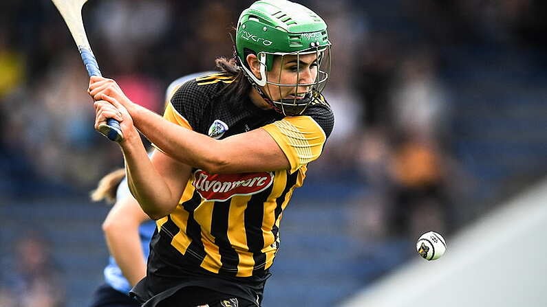 16 July 2022; Miriam Walsh of Kilkenny shoots to score her side's second goal during the Glen Dimplex All-Ireland Senior Camogie Quarter Final match between  Kilkenny and Dublin at Semple Stadium in Thurles, Tipperary. Photo by George Tewkesbury/Sportsfile