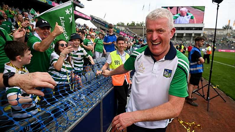 17 July 2022; Limerick manager John Kiely celebrates after the GAA Hurling All-Ireland Senior Championship Final match between Kilkenny and Limerick at Croke Park in Dublin. Photo by Stephen McCarthy/Sportsfile