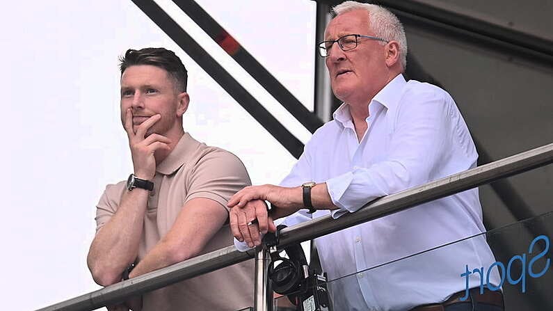 9 July 2022; RTE analysts Pat Spillane, right, and Mickey Quinn during the GAA Football All-Ireland Senior Championship Semi-Final match between Derry and Galway at Croke Park in Dublin. Photo by Ramsey Cardy/Sportsfile