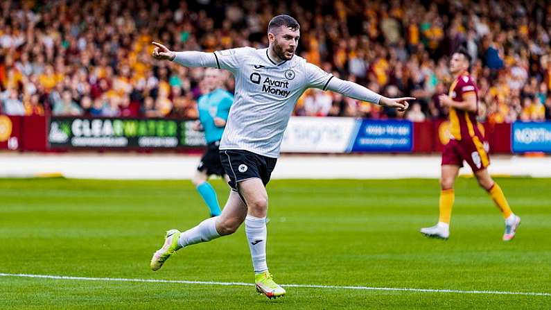 21 July 2022; Aidan Keena of Sligo Rovers celebrates after scoring his side's first goal during the UEFA Europa Conference League 2022/23 Second Qualifying Round First Leg match between Motherwell and Sligo Rovers at Fir Park in Motherwell, Scotland. Photo by Roddy Scott/Sportsfile