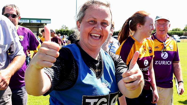 10 July 2022; Wexford manager Lizzy Kent  celebrate after the TG4 All-Ireland Ladies Football Intermediate Championship Semi-Final match between Roscommon and Wexford at Crettyard GAA club, Crettyard, Laois. Photo by Michael P Ryan/Sportsfile