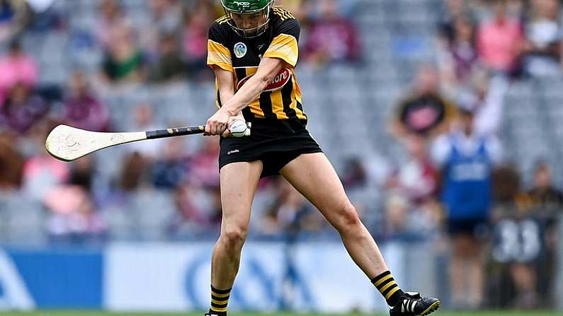 23 July 2022; Laura Murphy of Kilkenny scores her side's first goal during the Glen Dimplex Senior Camogie All-Ireland Championship Semi-Final match between Galway and Kilkenny at Croke Park in Dublin. Photo by Piaras O Midheach/Sportsfile