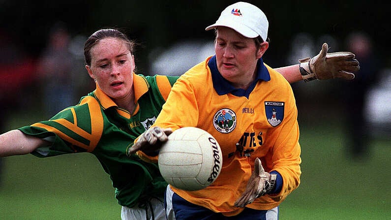 6 September 1998; Brenda McAnespie of Monaghan in action against Christine O'Brien of Meath during the Bank of Ireland All-Ireland Senior Ladies Football Championship Semi-Final match between Meath and Monaghan at Summerhill GAA in Meath. Photo by David Maher/Sportsfile