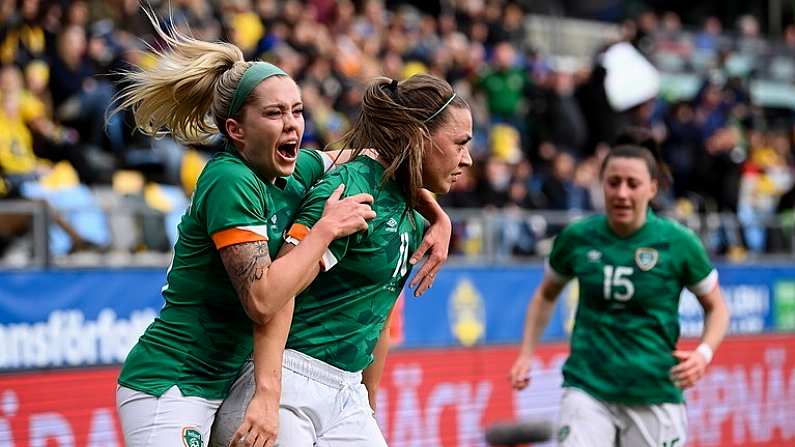 12 April 2022; Katie McCabe of Republic of Ireland celebrates with teammate Denise O'Sullivan, left, after scoring their side's first goal during the FIFA Women's World Cup 2023 qualifying match between Sweden and Republic of Ireland at Gamla Ullevi in Gothenburg, Sweden. Photo by Stephen McCarthy/Sportsfile