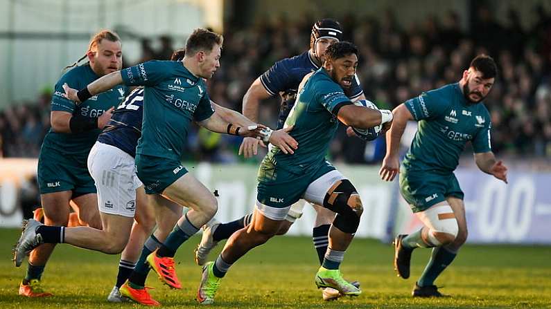 8 April 2022; Bundee Aki of Connacht is tackled by Robbie Henshaw of Leinster during the Heineken Champions Cup Round of 16 first leg match between Connacht and Leinster at the Sportsground in Galway. Photo by Brendan Moran/Sportsfile