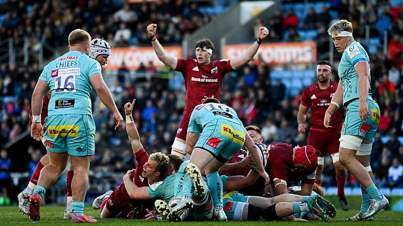 9 April 2022; Craig Casey of Munster celebrates a try, but was adjudged to be short of the line by a TMO review, and the try was not awarded after a during the Heineken Champions Cup Round of 16 first leg match between Exeter Chiefs and Munster at Sandy Park in Exeter, England. Photo by Harry Murphy/Sportsfile