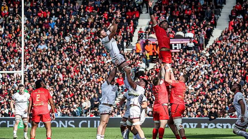 9 April 2022; Iain Henderson of Ulster and Rory Arnold of Toulouse during the Heineken Champions Cup Round of 16 first leg match between Toulouse and Ulster at Stade Ernest Wallon in Toulouse, France. Photo by Manuel Blondeau/Sportsfile