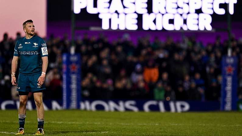 8 April 2022; Jack Carty of Connacht prepares to kick a penalty uring the Heineken Champions Cup Round of 16 first leg match between Connacht and Leinster at the Sportsground in Galway. Photo by Brendan Moran/Sportsfile