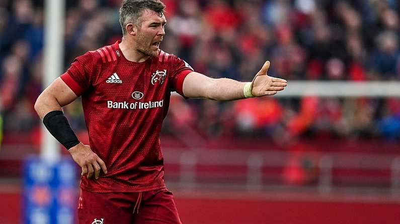 16 April 2022; Peter O'Mahony of Munster reacts to a refereeing decision during the Heineken Champions Cup Round of 16 Second Leg match between Munster and Exeter Chiefs at Thomond Park in Limerick. Photo by Brendan Moran/Sportsfile