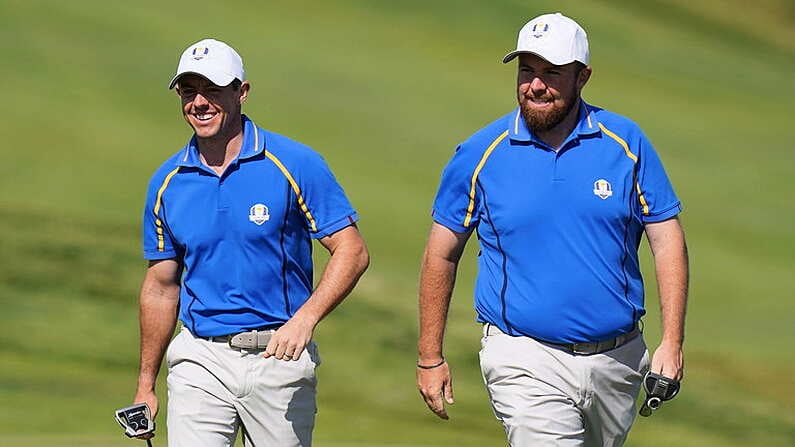 24 September 2021; Shane Lowry, right, and Rory McIlroy of Team Europe during their Friday afternoon fourballs match against Tony Finau and Harris English of Team USA at the Ryder Cup 2021 Matches at Whistling Straits in Kohler, Wisconsin, USA. Photo by Tom Russo/Sportsfile