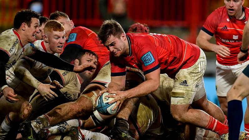 8 January 2022; Alex Kendellen of Munster goes over to score his side's second try during the United Rugby Championship match between Munster and Ulster at Thomond Park in Limerick. Photo by Stephen McCarthy/Sportsfile