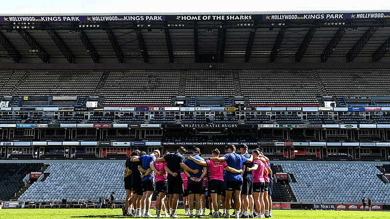 22 April 2022; Leinster players huddle during a Leinster Rugby Captain's Run at Jonsson Kings Park Stadium in Durban, South Africa. Photo by Harry Murphy/Sportsfile