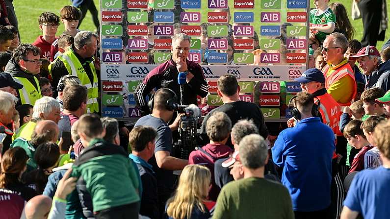 24 April 2022; Galway manager Padraic Joyce is interviewed by RTE after the Connacht GAA Football Senior Championship Quarter-Final match between Mayo and Galway at Hastings Insurance MacHale Park in Castlebar, Mayo. Photo by Brendan Moran/Sportsfile