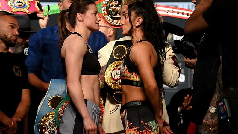 29 April 2022; Katie Taylor, left, and Amanda Serrano during the weigh-in, at Hulu Theatre at Madison Square Garden, ahead of their undisputed lightweight championship fight, on Saturday night at Madison Square Garden in New York, USA. Photo by Stephen McCarthy/Sportsfile