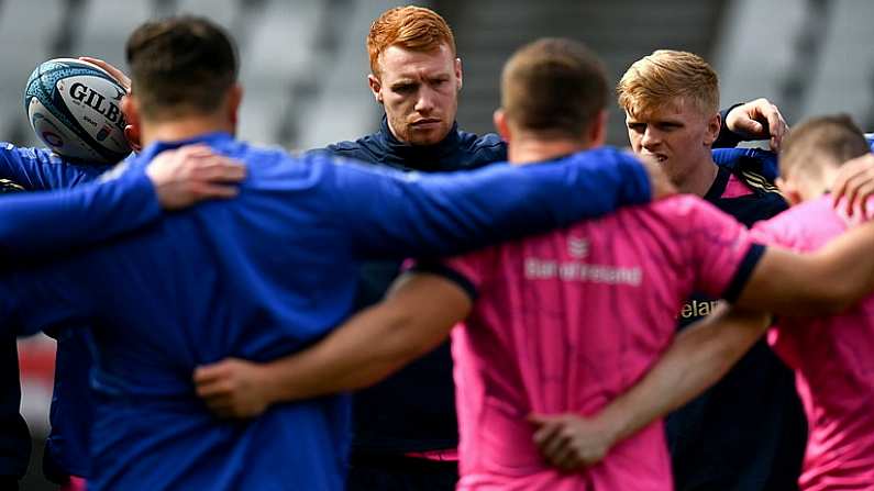 29 April 2022; Ciaran Frawley and teammates huddle during a Leinster Rugby Captain's Run at the DHL Stadium in Cape Town, South Africa. Photo by Harry Murphy/Sportsfile