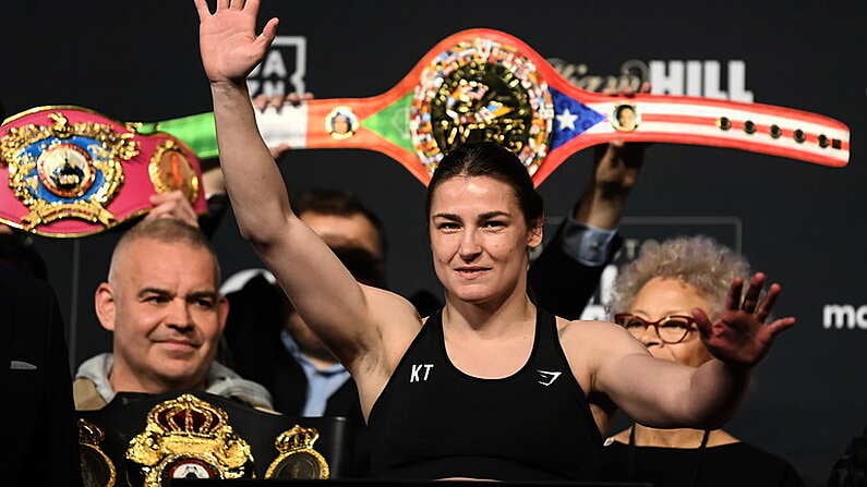 29 April 2022; Katie Taylor during the weigh-in, at Hulu Theatre at Madison Square Garden, ahead of her undisputed lightweight championship fight with Amanda Serrano, on Saturday night at Madison Square Garden in New York, USA. Photo by Stephen McCarthy/Sportsfile